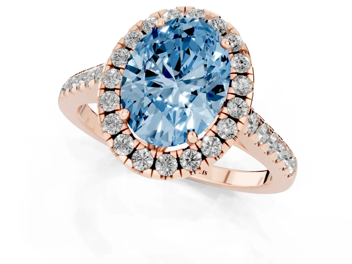 Fancy Blue Oval Cut Halo Pavé Diamond Engagement Ring with Four-Prong Setting Rose gold