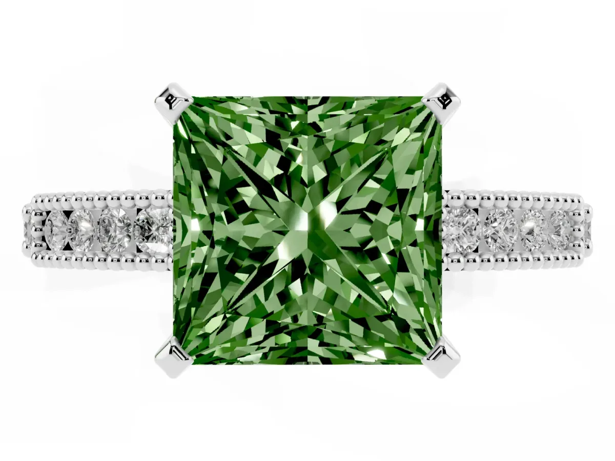 Fancy Green Princess Cut Solitaire with Pavé Band and Four-Prong Setting Silver