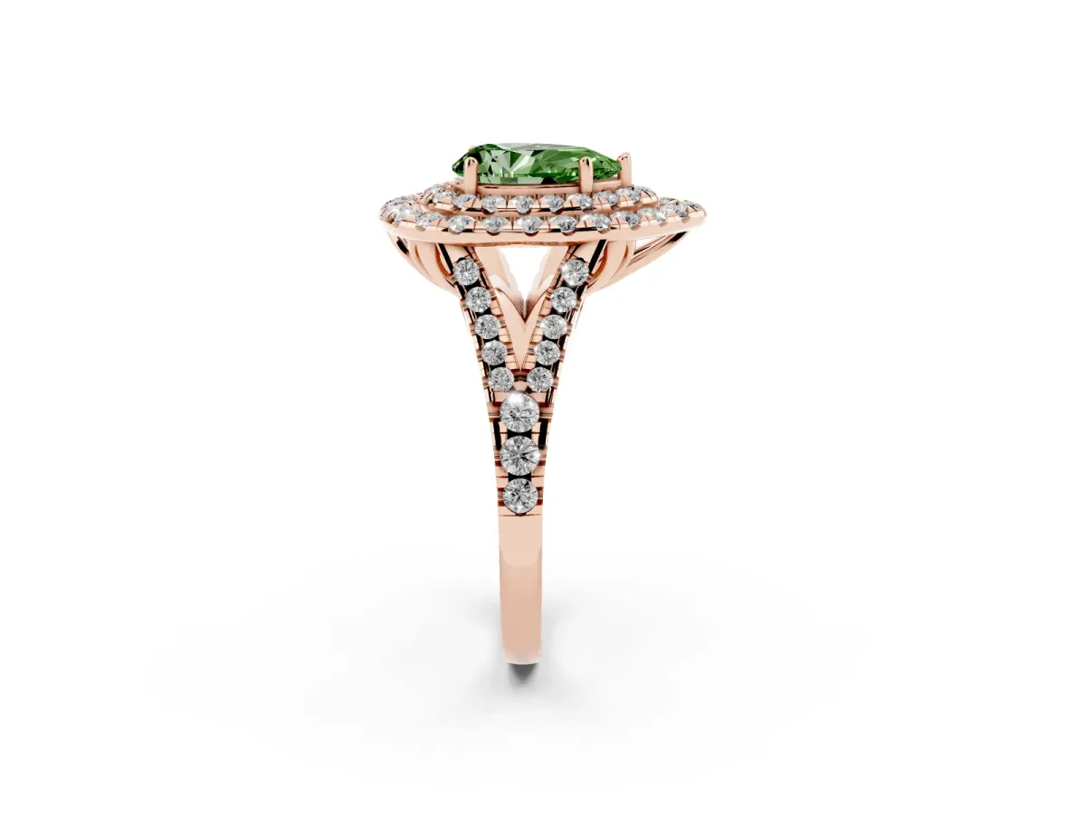 Fancy Green Double Halo Pear Cut Diamond Pavé Split Shank Ring with Prong Setting Rose gold