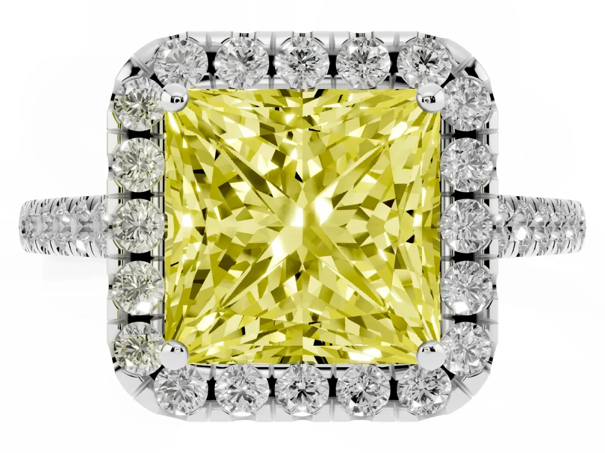 Fancy Yellow Princess Cut Halo Pave Diamond Engagement Ring with Four-Prong Setting Platinum