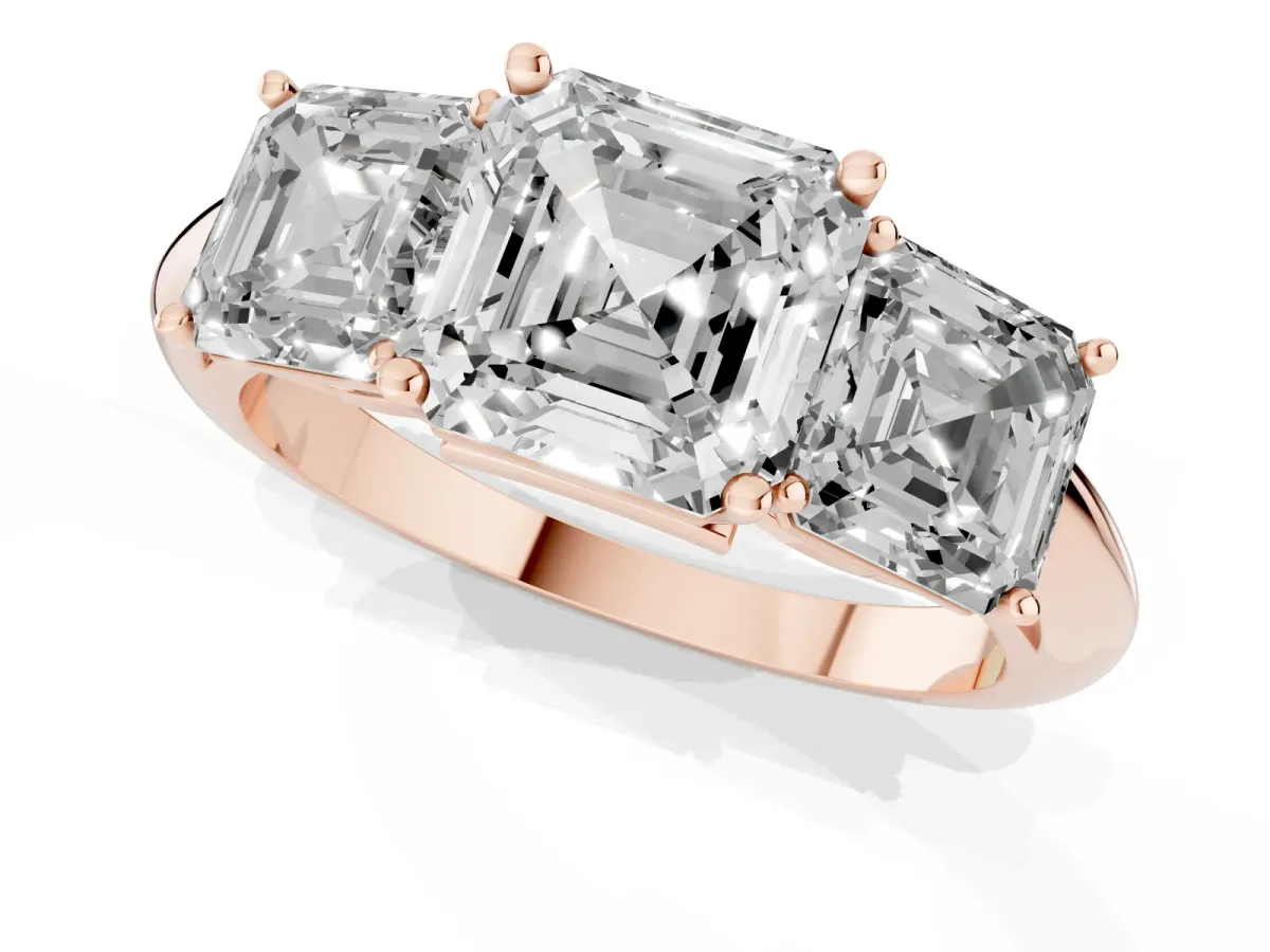 Three-Stone Asscher Cut Cut Diamond Engagement Ring with Prong Setting on a White Gold Band Rose gold