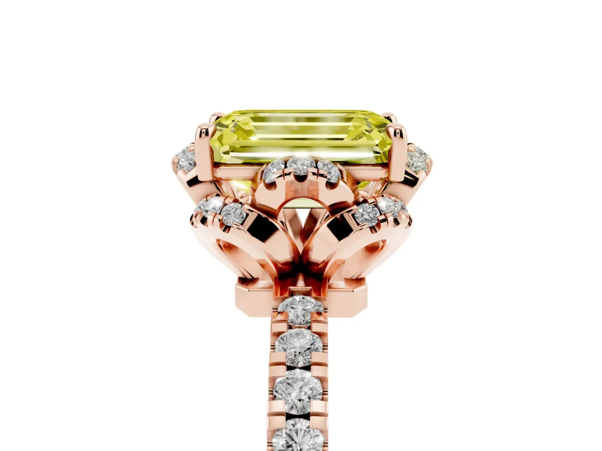 Fancy Yellow Emerald Cut Diamond Halo Pave Band with Four-Prong Setting Rose gold