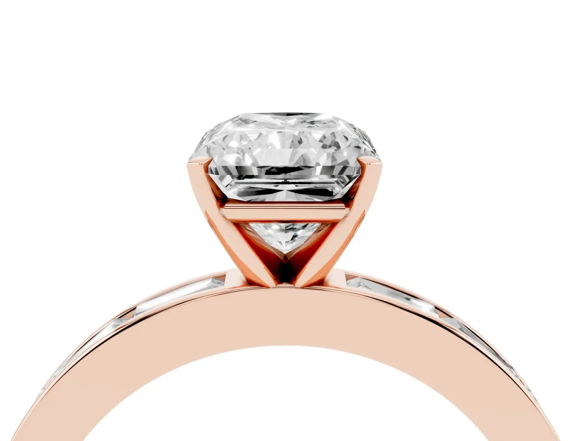 Radiant Cut Solitaire Diamond Ring with Channel-Set Baguette Band and Four-Prong Setting Rose gold
