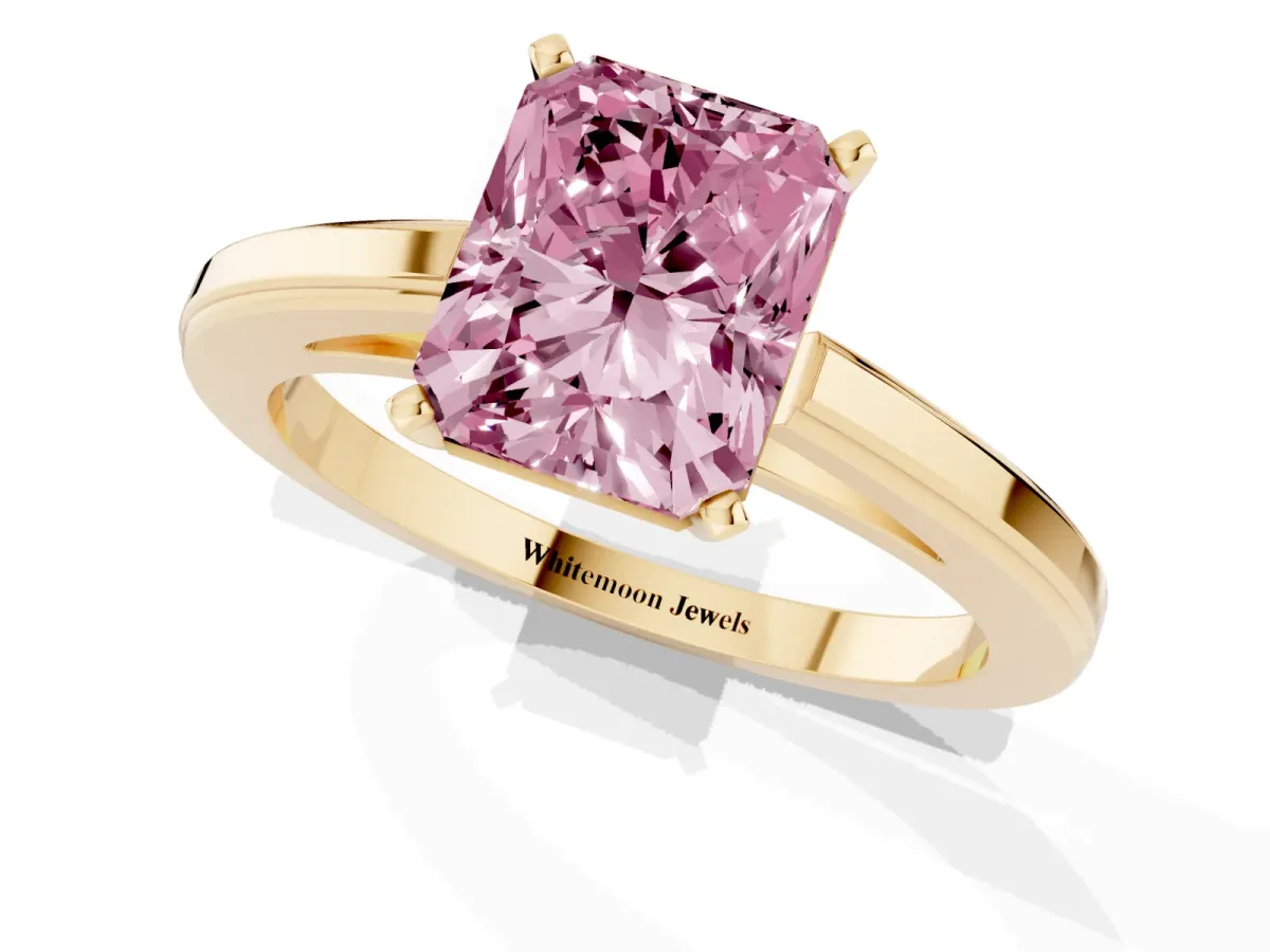 Fancy Pink Radiant Cut Solitaire Diamond Ring with Four-Prong Setting and Classic Band Yellow gold