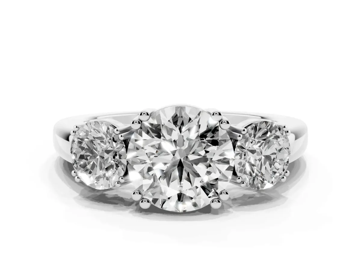 Three-Stone Round Cut Cut Diamond Ring with Channel Set Band and Four-Prong Setting Silver