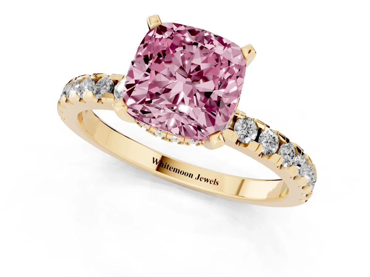 Fancy Pink Cushion Cut Diamond Solitaire Ring with Round Pavé Band and Four-Prong Setting Yellow gold
