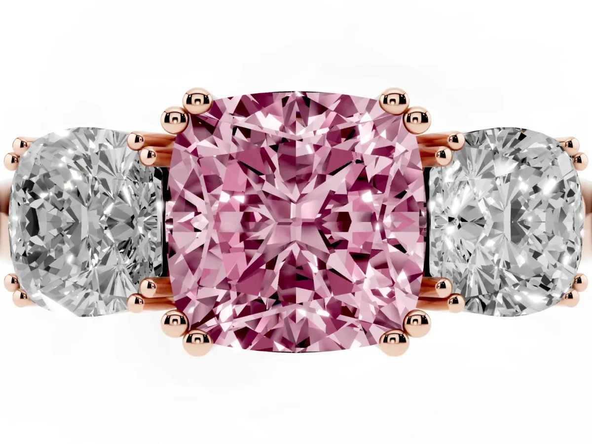 Fancy Pink Three-Stone Cushion Cut Cut Diamond Ring with Channel Set Band and Four-Prong Setting Rose gold