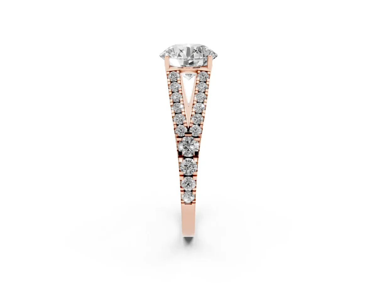 Round Cut Diamond Split Shank Engagement Ring with Round Pavé and Prong Setting Rose gold