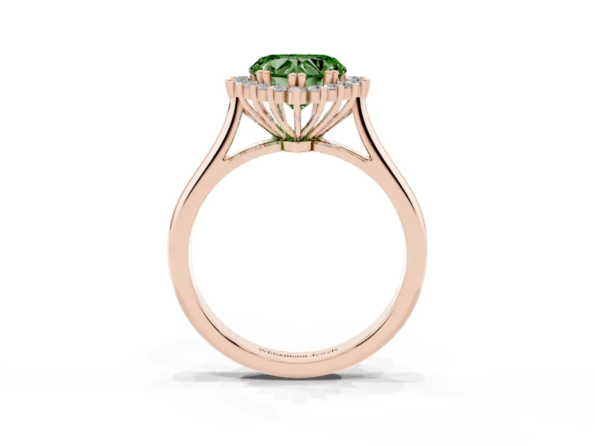Fancy Green Heart Cut Cut Diamond Halo Ring with Solitaire Band and Prong Setting Rose gold