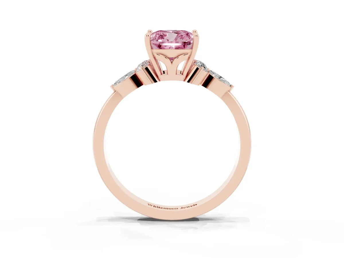 Fancy Pink Cushion Cut Brilliant Diamond Solitaire Ring with Pear Side Stones and Four-Prong Setting Rose gold