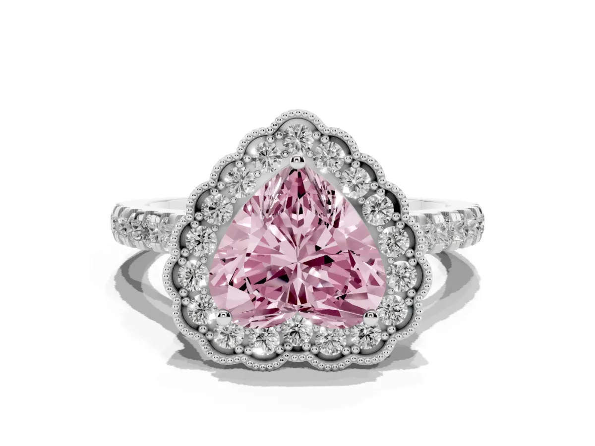 Fancy Pink Heart Cut Cut Diamond Milgrain Floral Halo Engagement Ring with Pavé Band White gold