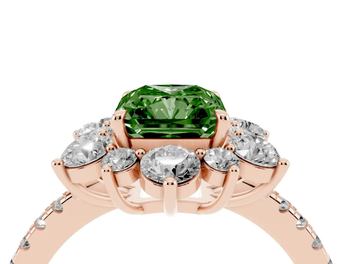 Fancy Green Radiant Cut Diamond Floral Halo Ring with Round Pavé Band and Prong Setting Rose gold