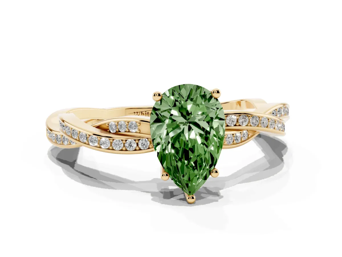 Fancy Green Pear Cut Solitaire Twisted Pave Diamond Ring with Four-Prong Setting Yellow gold