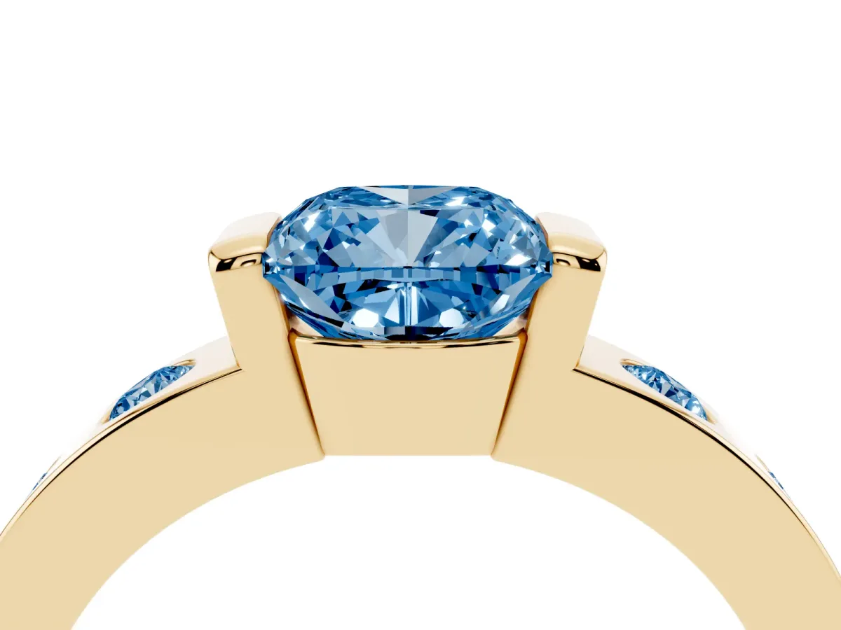 Fancy Blue Cushion Cut Brilliant Channel-Set Diamond Ring with Bezel Prong Setting Yellow gold