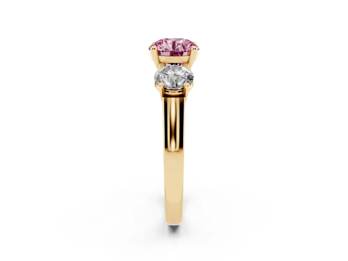 Fancy Pink Three-Stone Round Cut Brilliant Diamond Trellis Ring with Comfort Fit Band Yellow gold