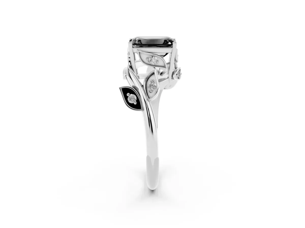 Fancy Black Emerald Cut Solitaire Twist Engagement Ring with Leaf Accents and Prong Setting Silver