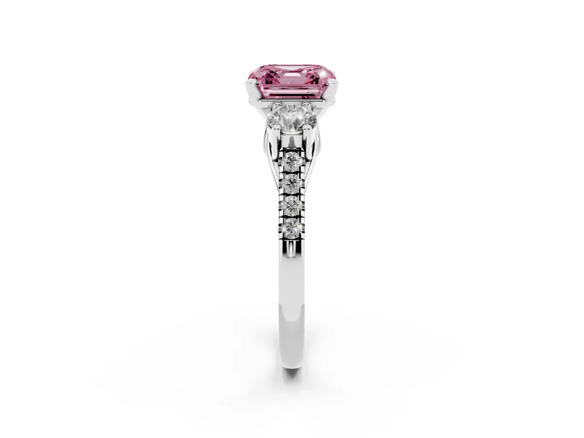 Fancy Pink Three-Stone Asscher Cut Diamond Pavé Band with Four-Prong Setting Platinum