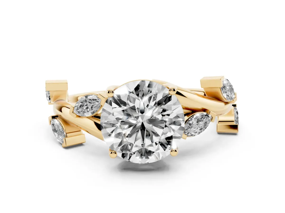Round Cut Solitaire Twisted Band Marquise Accent Prong Setting Ring Yellow gold