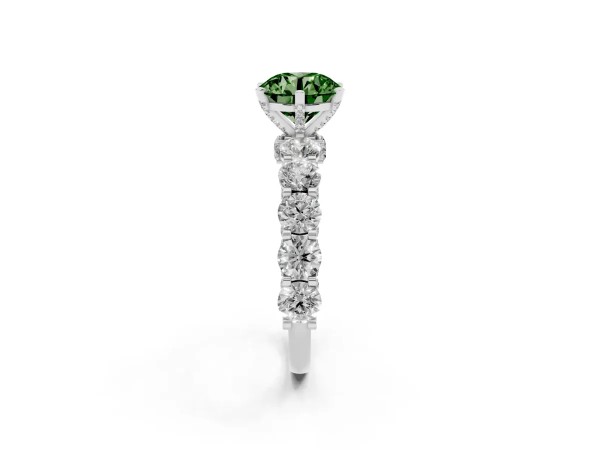 Fancy Green Round Cut Diamond Side Stone Engagement Ring with Four-Prong Setting Platinum