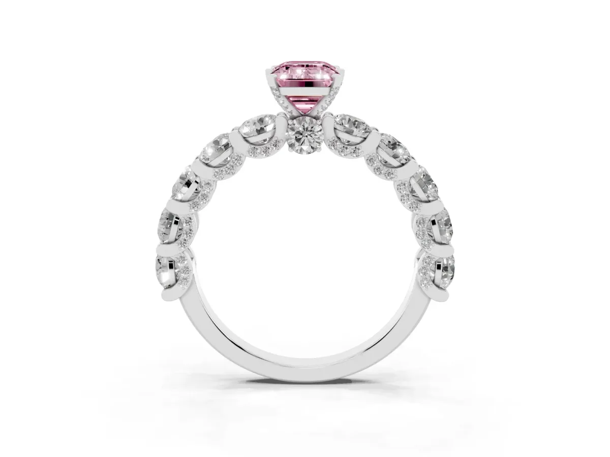 Fancy Pink Emerald Cut Diamond Side Stone Engagement Ring with Four-Prong Setting Platinum