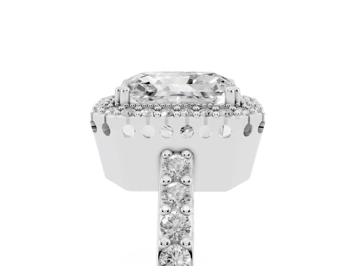 Radiant Cut Cut Diamond Halo Engagement Ring with Milgrain Detail and Pavé Band Silver