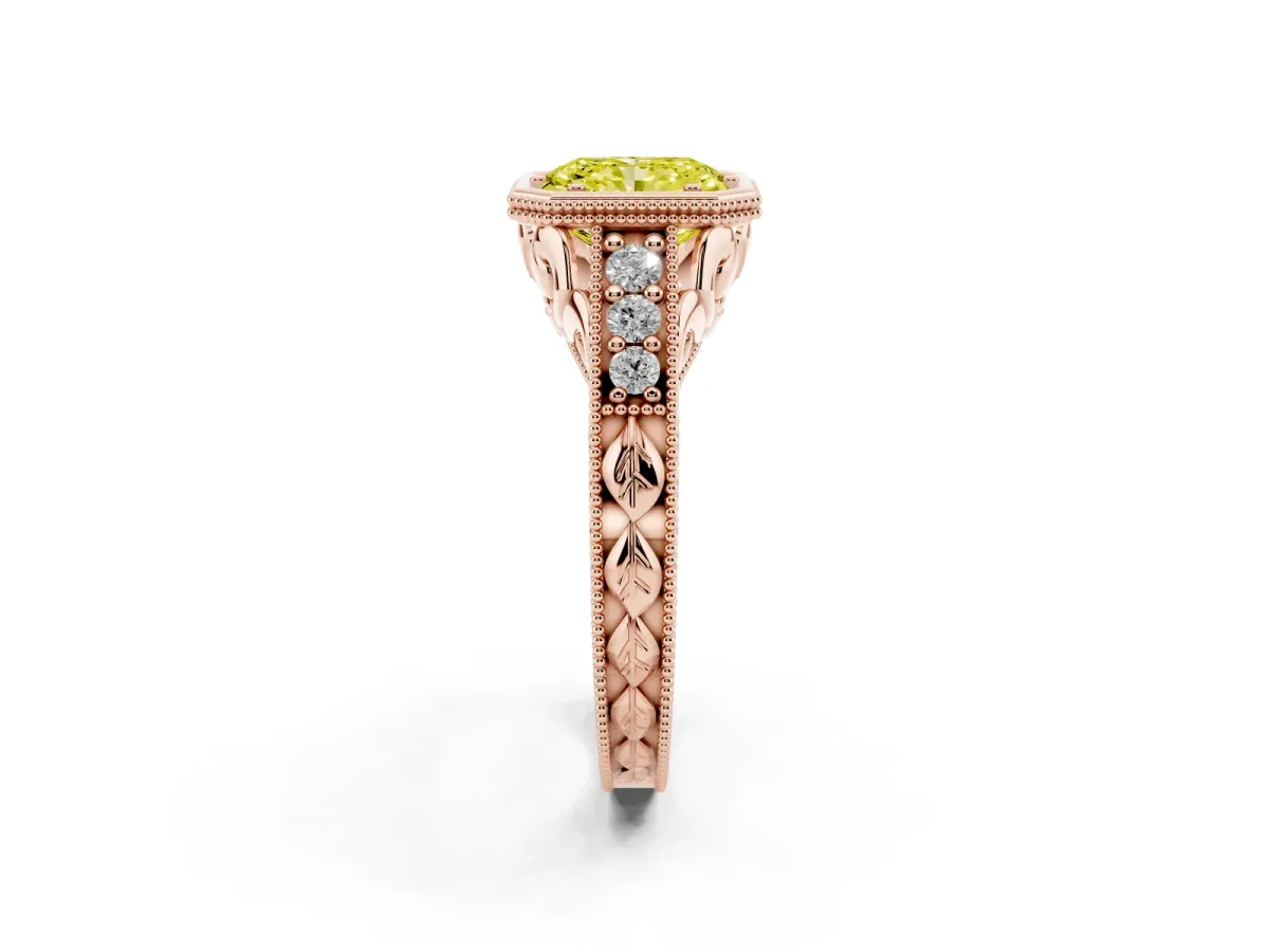 Fancy Yellow Bezel Set Radiant Cut Diamond Milgrain Pave Engagement Ring Rose gold