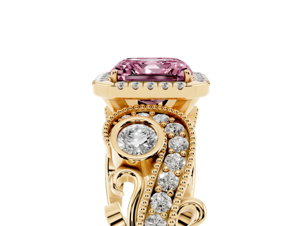 Fancy Pink Asscher Cut Halo Diamond Ring with Milgrain and Bezel Accents on a Split Shank Band Yellow gold