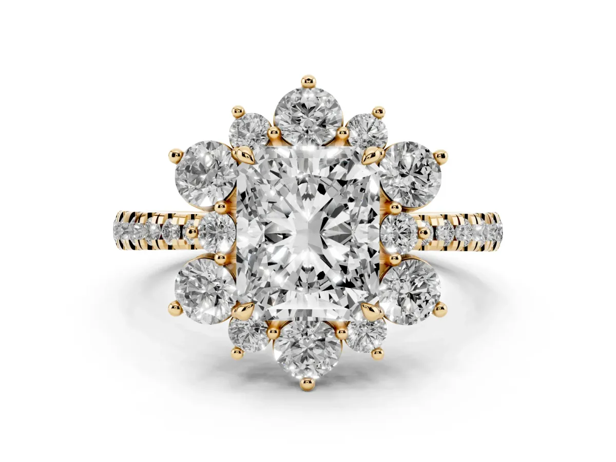 Radiant Cut Diamond Floral Halo Ring with Round Pavé Band and Prong Setting Yellow gold