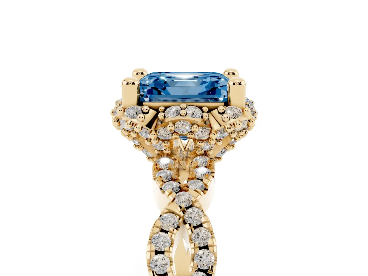 Fancy Blue Asscher Cut Halo Twist Band Solitaire Ring with Six-Prong Setting Yellow gold