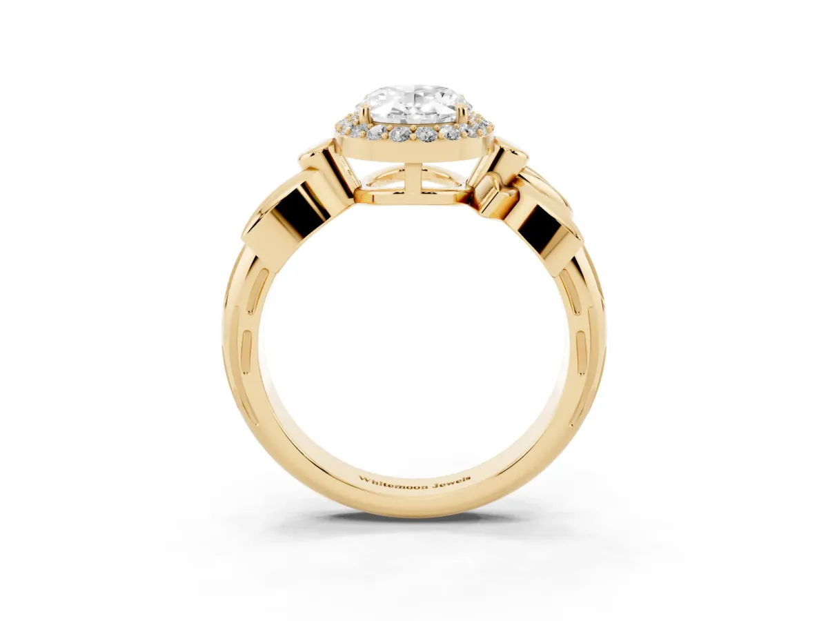 Oval Cut Halo Diamond Floral Band with Four-Prong Setting Yellow gold