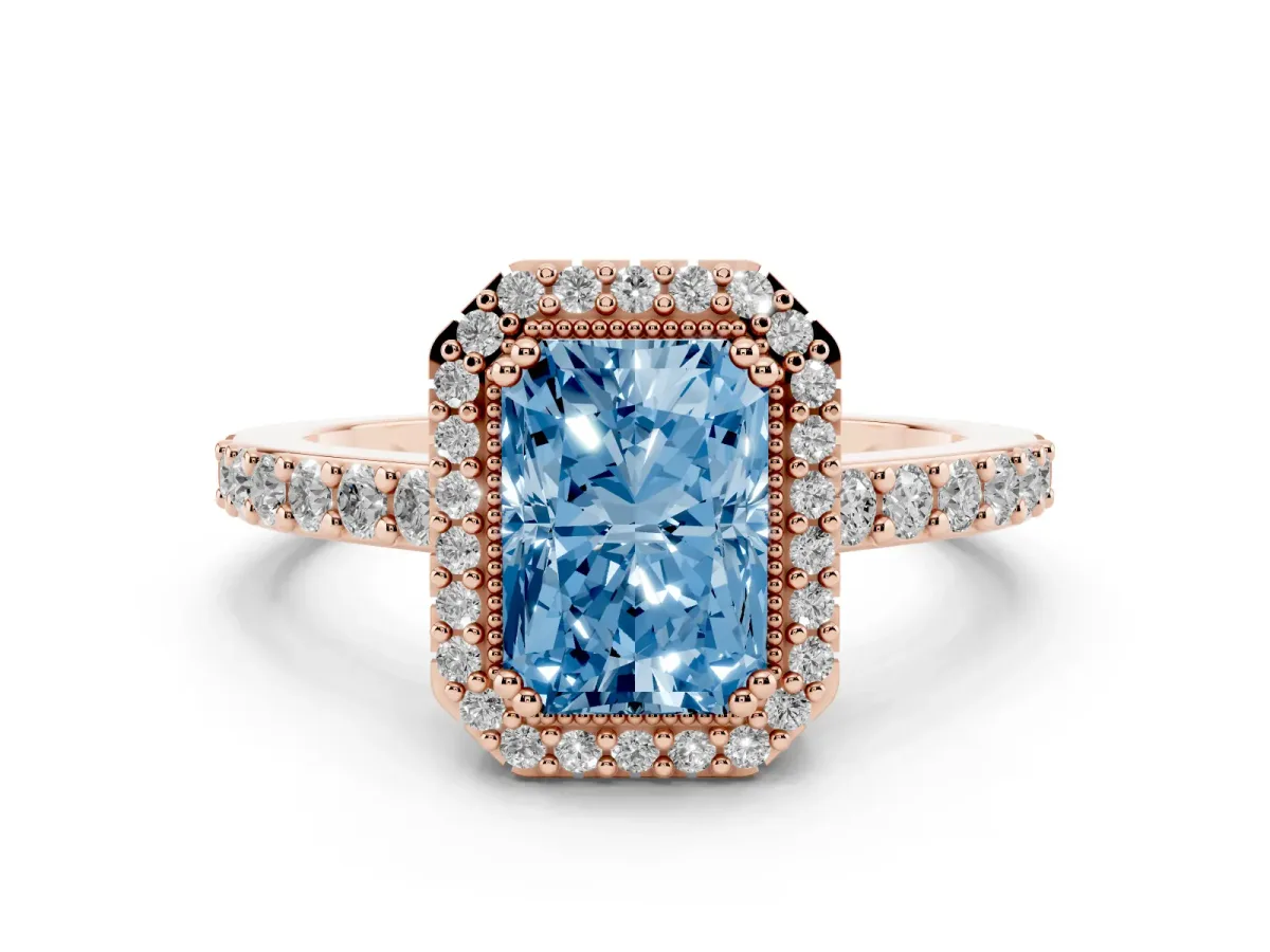 Fancy Blue Radiant Cut Cut Diamond Halo Engagement Ring with Milgrain Detail and Pavé Band Rose gold