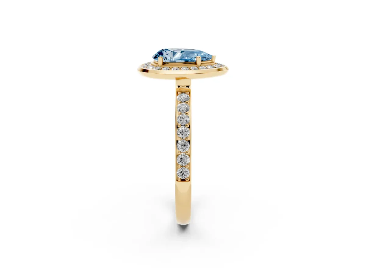 Fancy Blue Pear Cut Diamond Halo Ring with Bezel Frame and Pavé Band Yellow gold