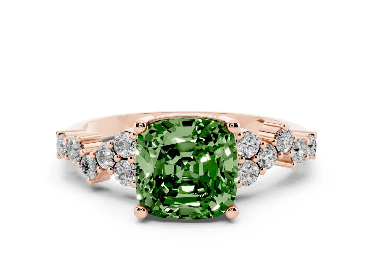 Fancy Green Cushion Cut Diamond Scattered Round Accent Ring with Prong Setting Rose gold