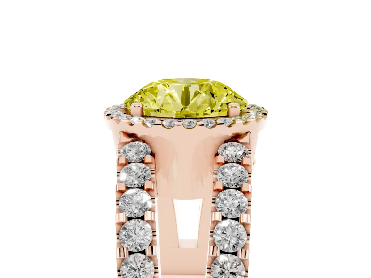 Fancy Yellow Round Cut Cut Halo Split Shank Diamond Ring with Four-Prong Setting Rose gold