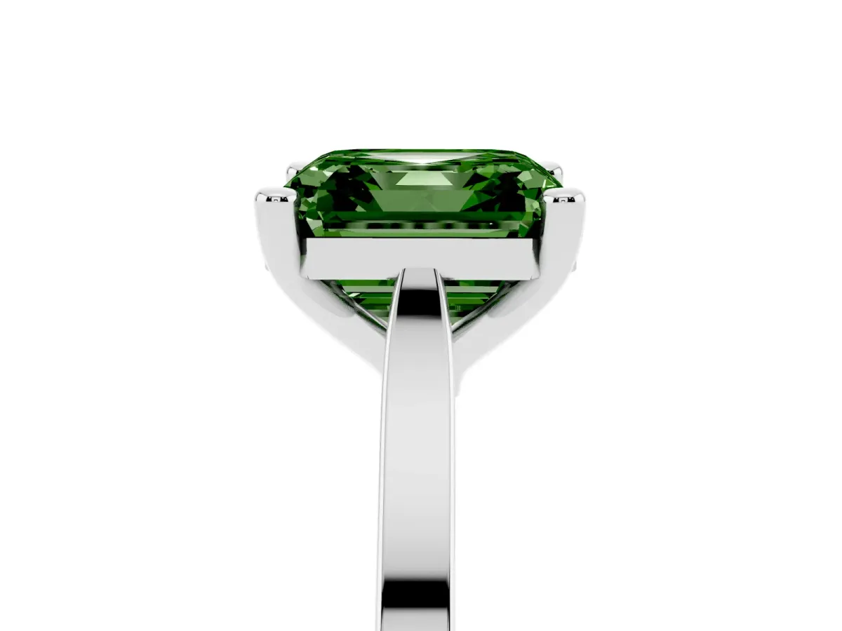 Fancy Green Asscher Cut Solitaire Diamond Ring with Four-Prong Setting and Tapered Band Silver