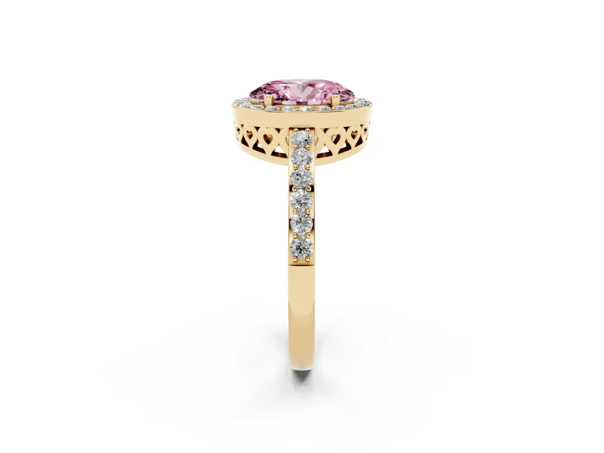 Fancy Pink Oval Cut Halo Diamond Pavé Band Ring with Prong Setting Yellow gold