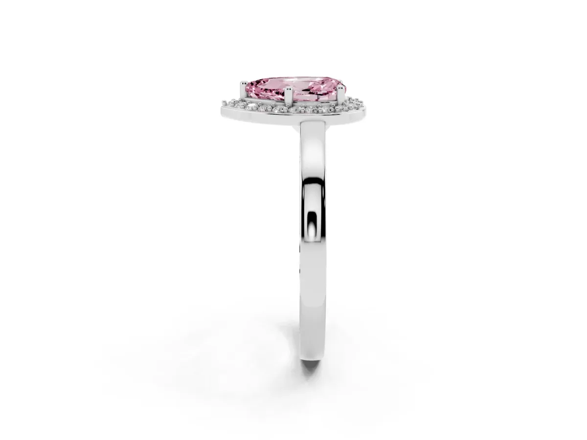 Fancy Pink Pear Cut Halo Diamond Ring with Solitaire Band and Prong Setting Silver