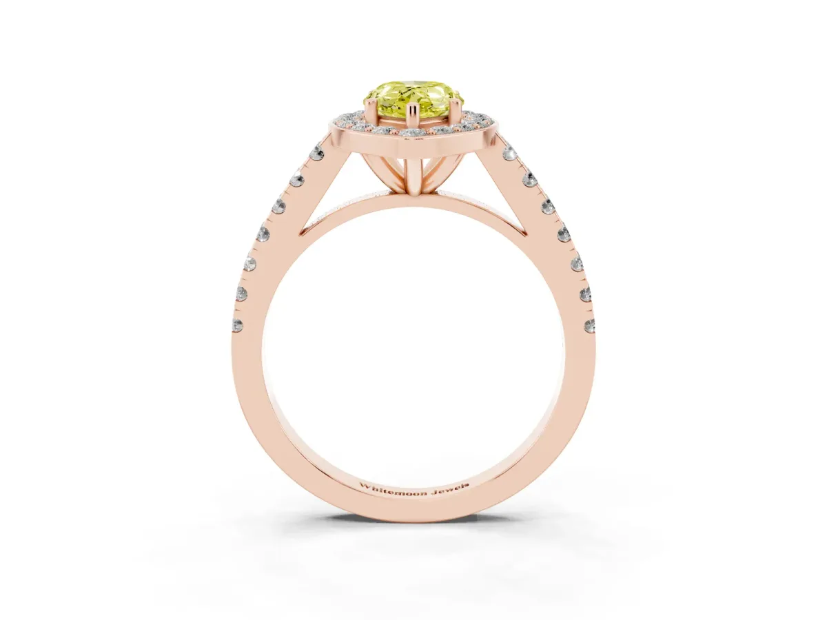 Fancy Yellow Pear Cut Diamond Halo Ring with Round Pavé Split Shank and Prong Setting Rose gold
