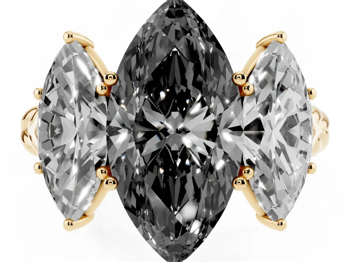 Fancy Black Three-Stone Marquise Cut Diamond Braided Band Ring with Four-Prong Setting Yellow gold