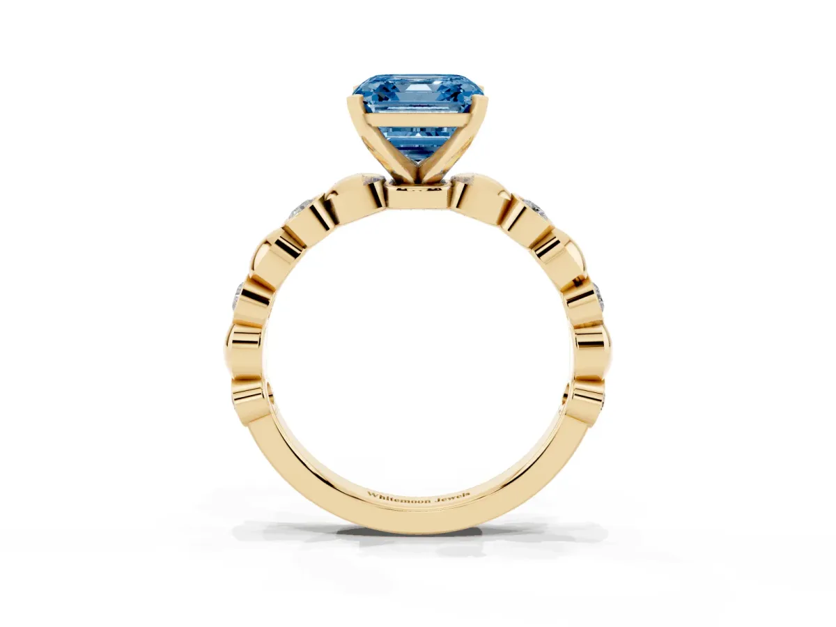 Fancy Blue Asscher Cut Solitaire Bezel-Set Diamond Ring with Beaded Band and Four-Prong Setting Yellow gold