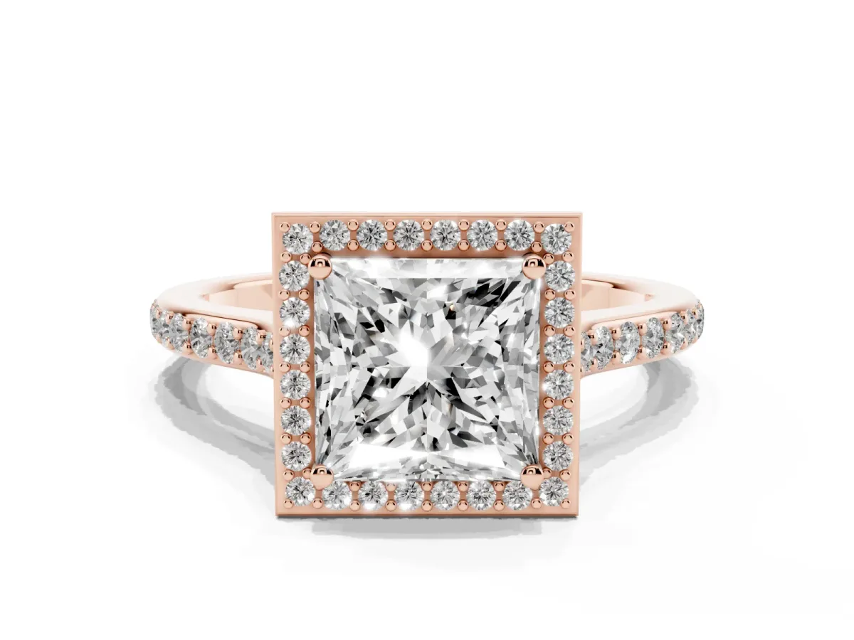 Princess Cut Diamond Halo Engagement Ring with Round Pavé Shoulders and Prong Setting Rose gold