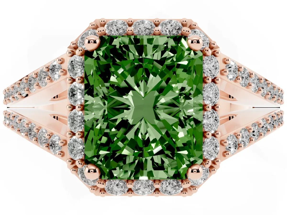 Fancy Green Radiant Cut Halo Split Shank Diamond Ring with Prong Setting Rose gold