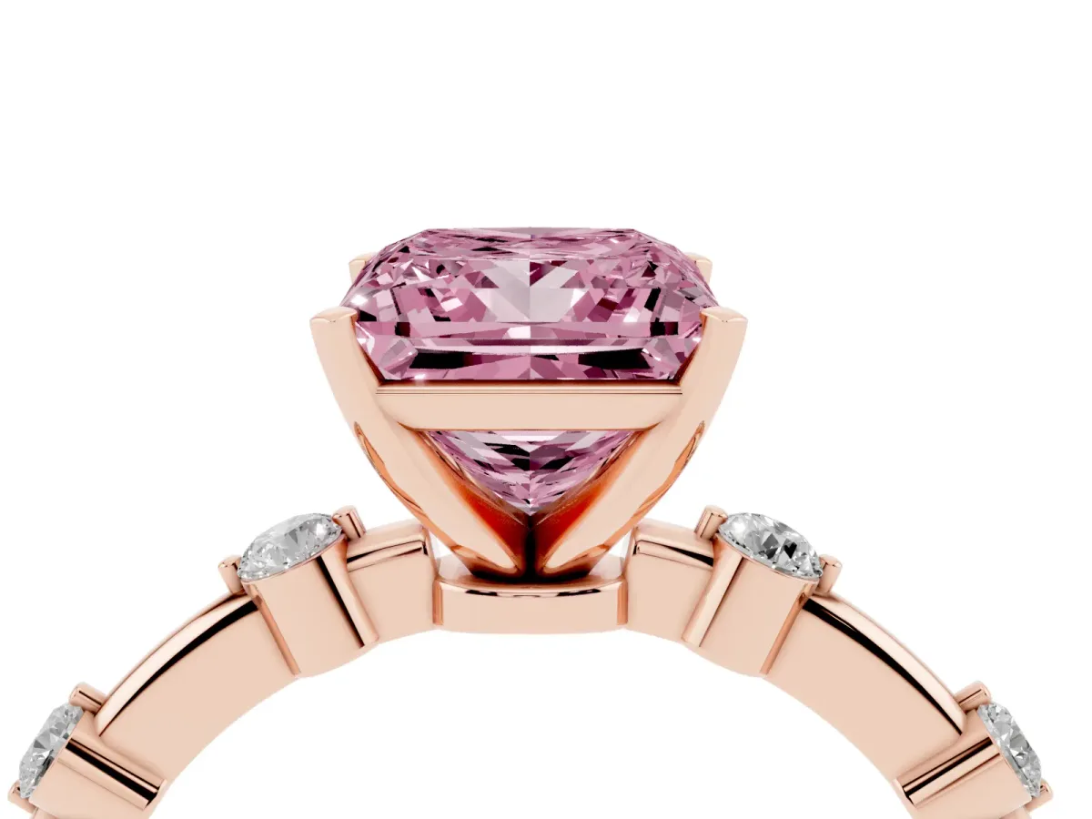 Fancy Pink Princess Cut Solitaire Diamond Ring with Bezel Set Side Stones and Prong Setting Rose gold