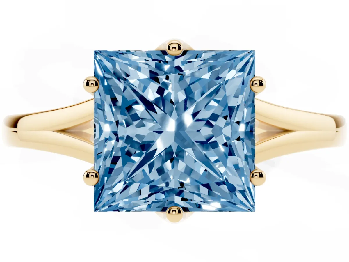 Fancy Blue Princess Cut Solitaire Diamond Ring with Six-Prong Setting and Tapered Band Yellow gold