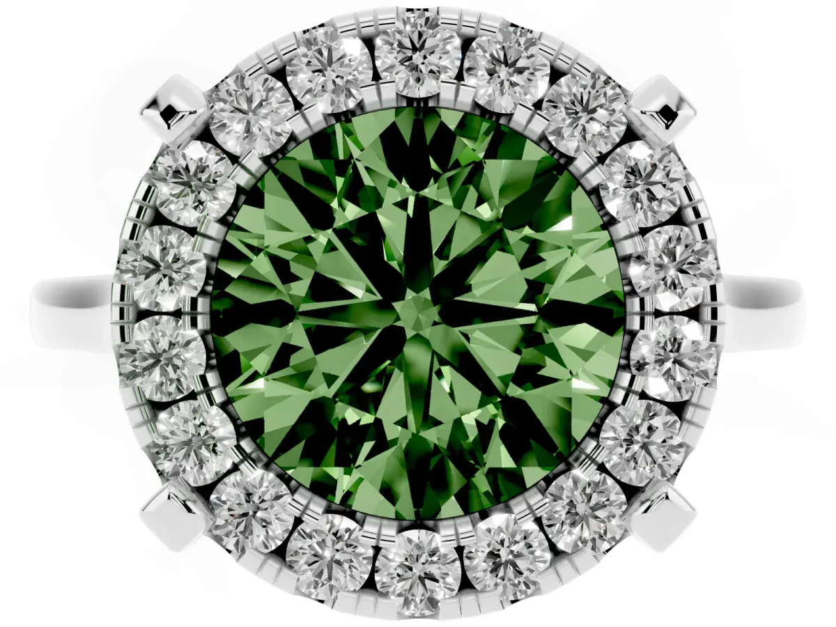 Fancy Green Round Cut Diamond Cluster Halo Solitaire with Four-Prong Setting Platinum