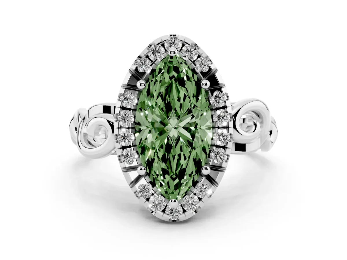 Fancy Green Marquise Cut Cut Halo Diamond Ring with Scrollwork Band and Four-Prong Setting Platinum