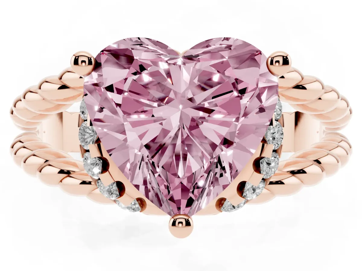 Fancy Pink Heart Cut Halo Twisted Band Four-Prong Ring Rose gold