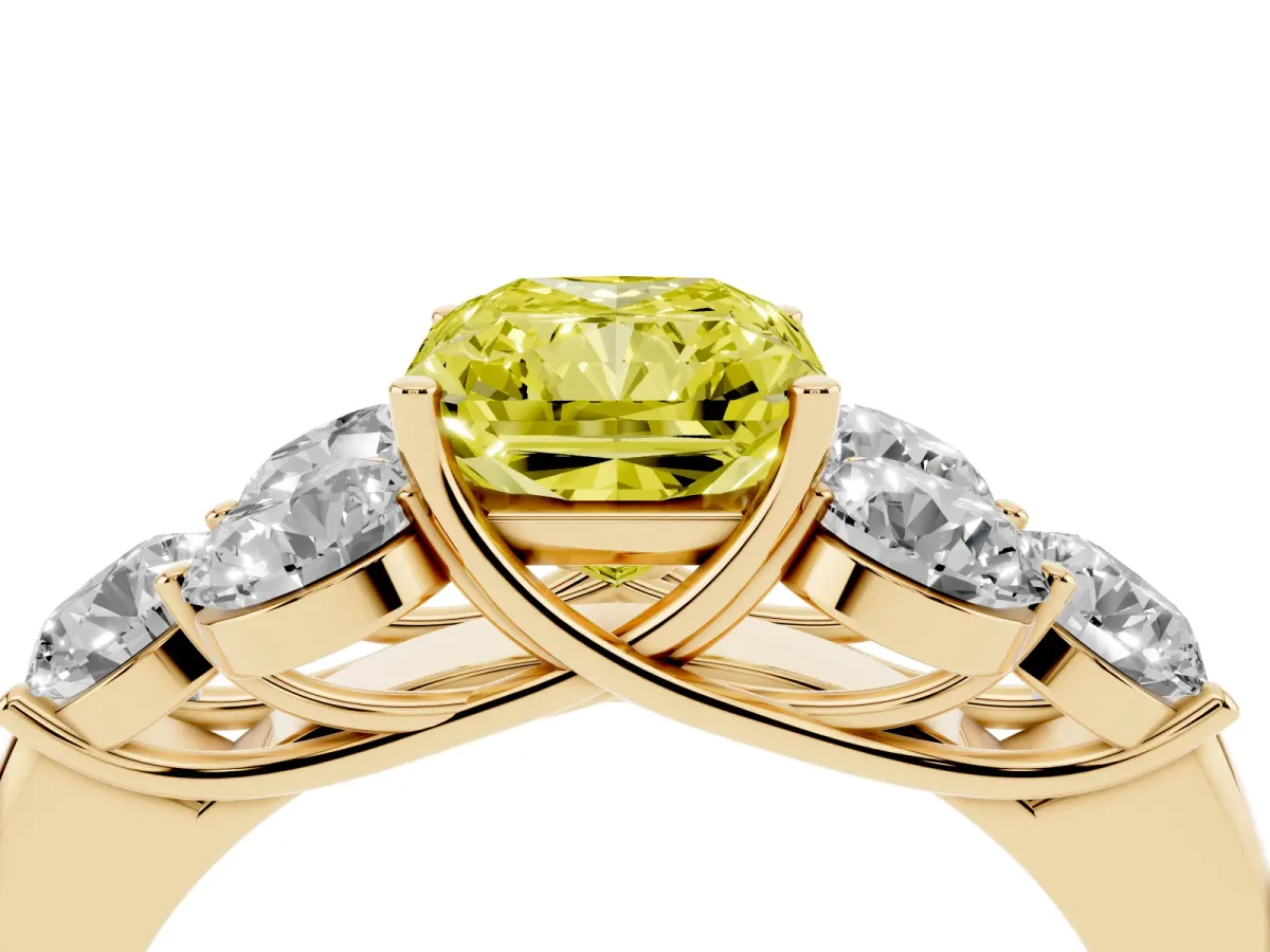 Fancy Yellow Radiant Cut Cut Diamond Cluster Ring with Round Accent Stones and Prong Setting on a Classic Band Yellow gold