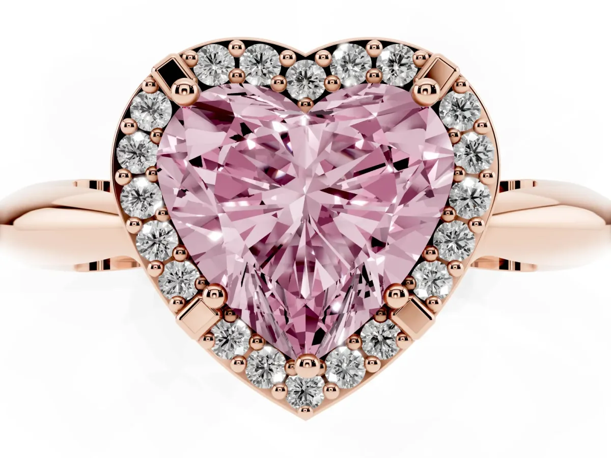 Fancy Pink Heart Cut Cut Diamond Halo Engagement Ring with Split Shank and Four-Prong Setting Rose gold