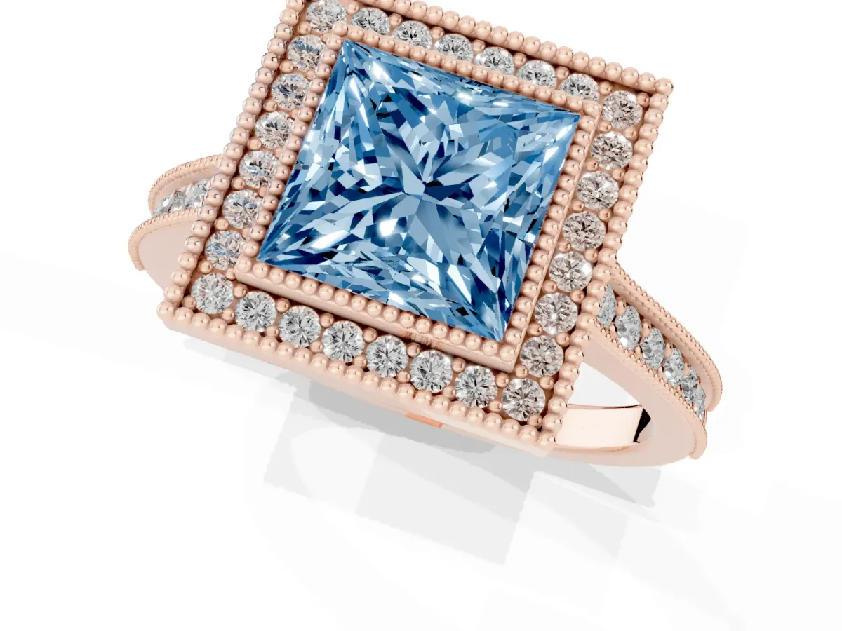 Fancy Blue Halo Princess Cut-Cut Diamond Pave Band Milgrain Prong Setting Ring Rose gold